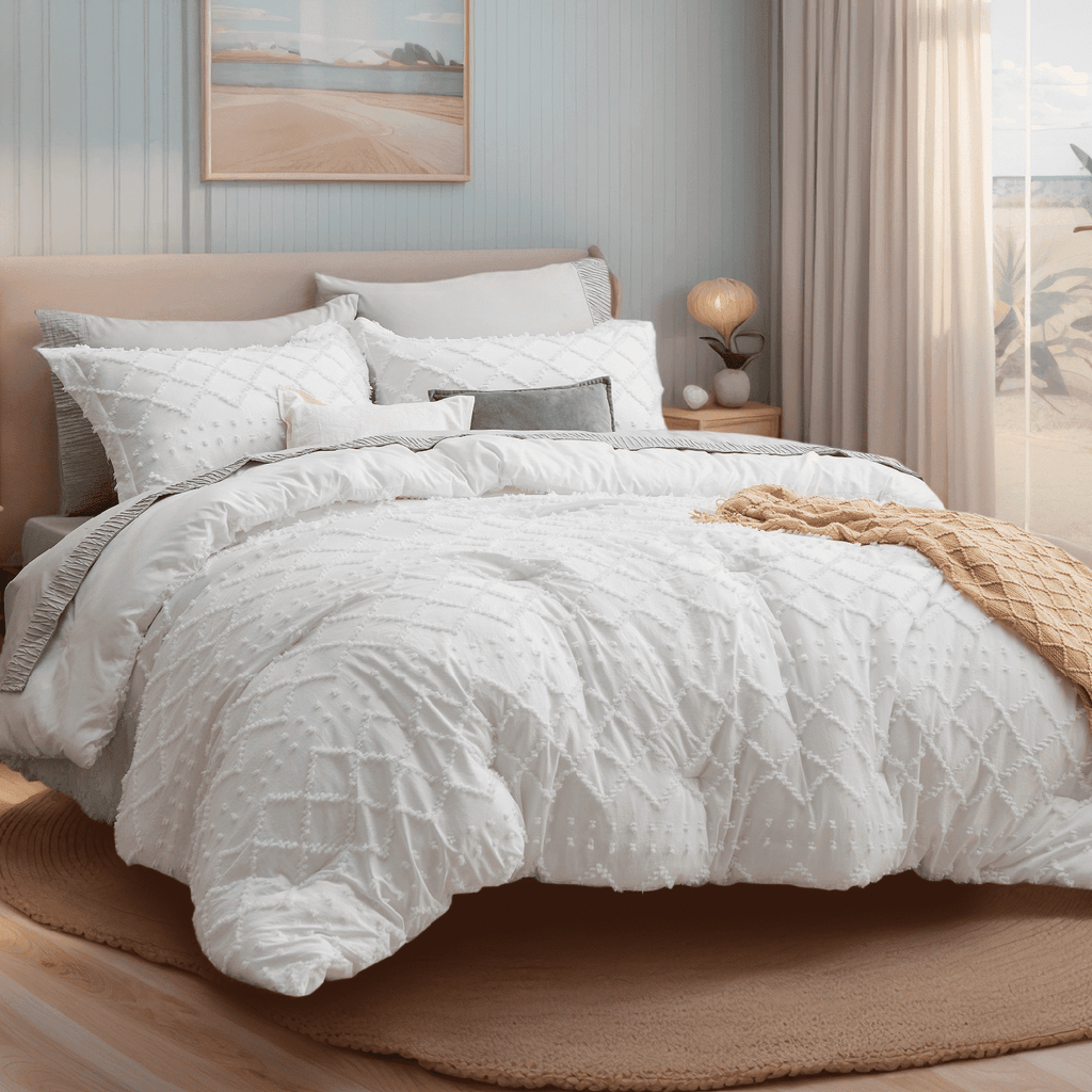 All-Season Queen Comforter Set, Boho Tufted Shabby Chic Bedding Comforter Set, 3 Pieces Farmhouse Bed Set for All Seasons, White... - All-Season Down Alternative Comforter Insert - Default Title
