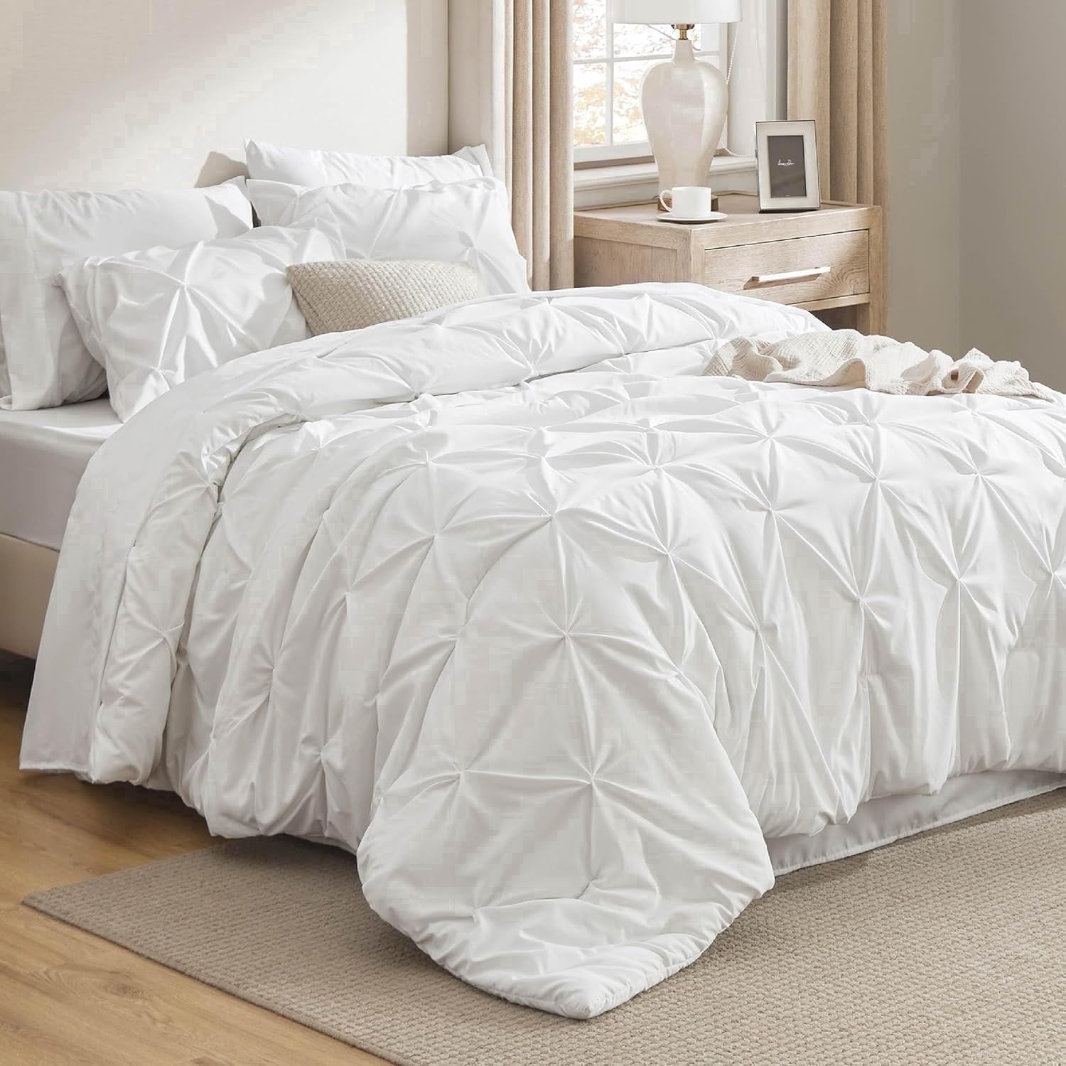 Luxurious Quilted White Queen Comforter Set- 7 Pieces Pintuck Bedding Set with Comforters, Sheets, Pillowcases & Shams - Cloud-Like Soft Lightweight Bed Comforter - Default Title