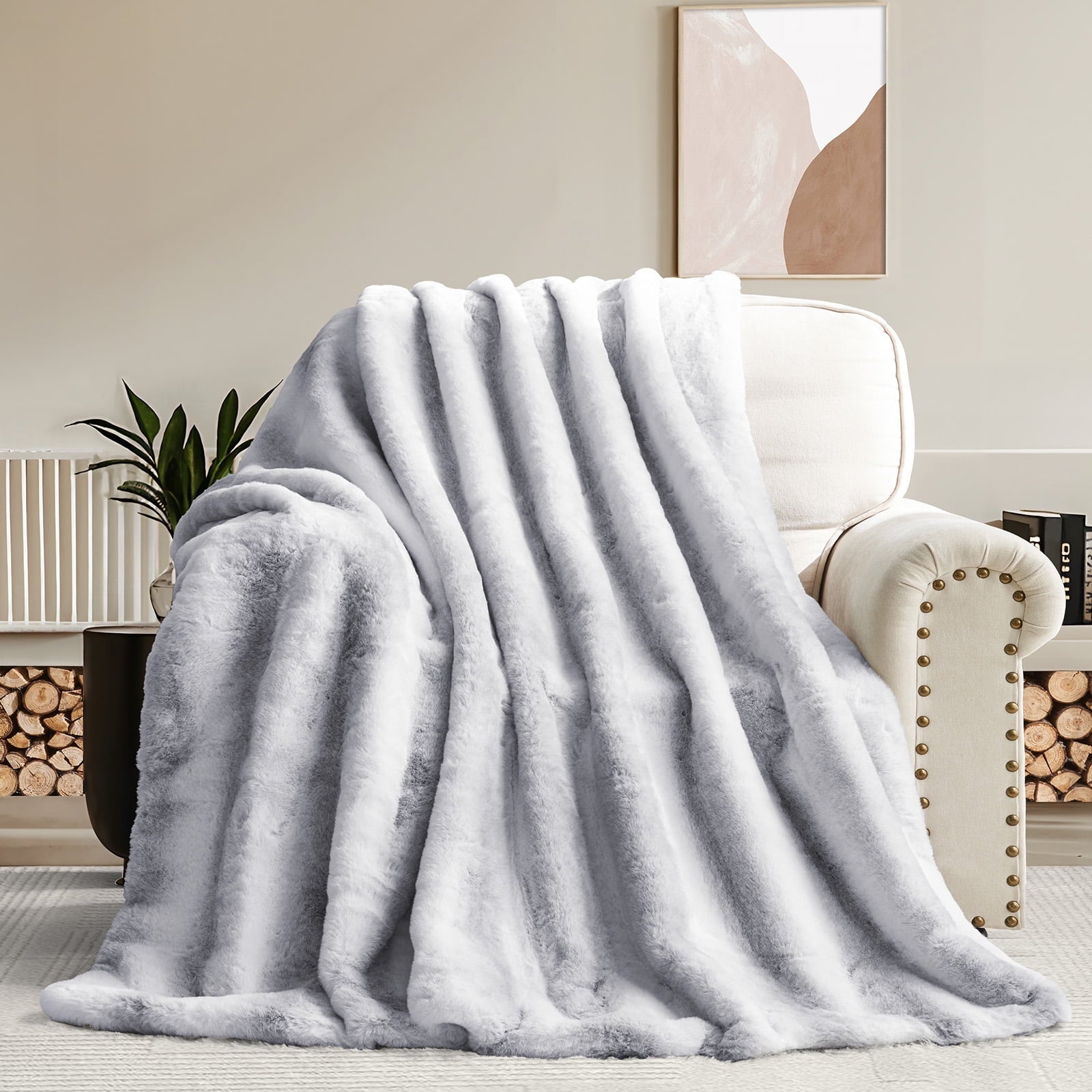Cozy Fleece Luxury Faux Fur Throw Blanket for Bed Super Thick Warm Fuzzy Blankets for Bedroom Living Room, 60" x 80", White - Luxury Knitted Decorative Throw Blanket with Fringes - Default Title