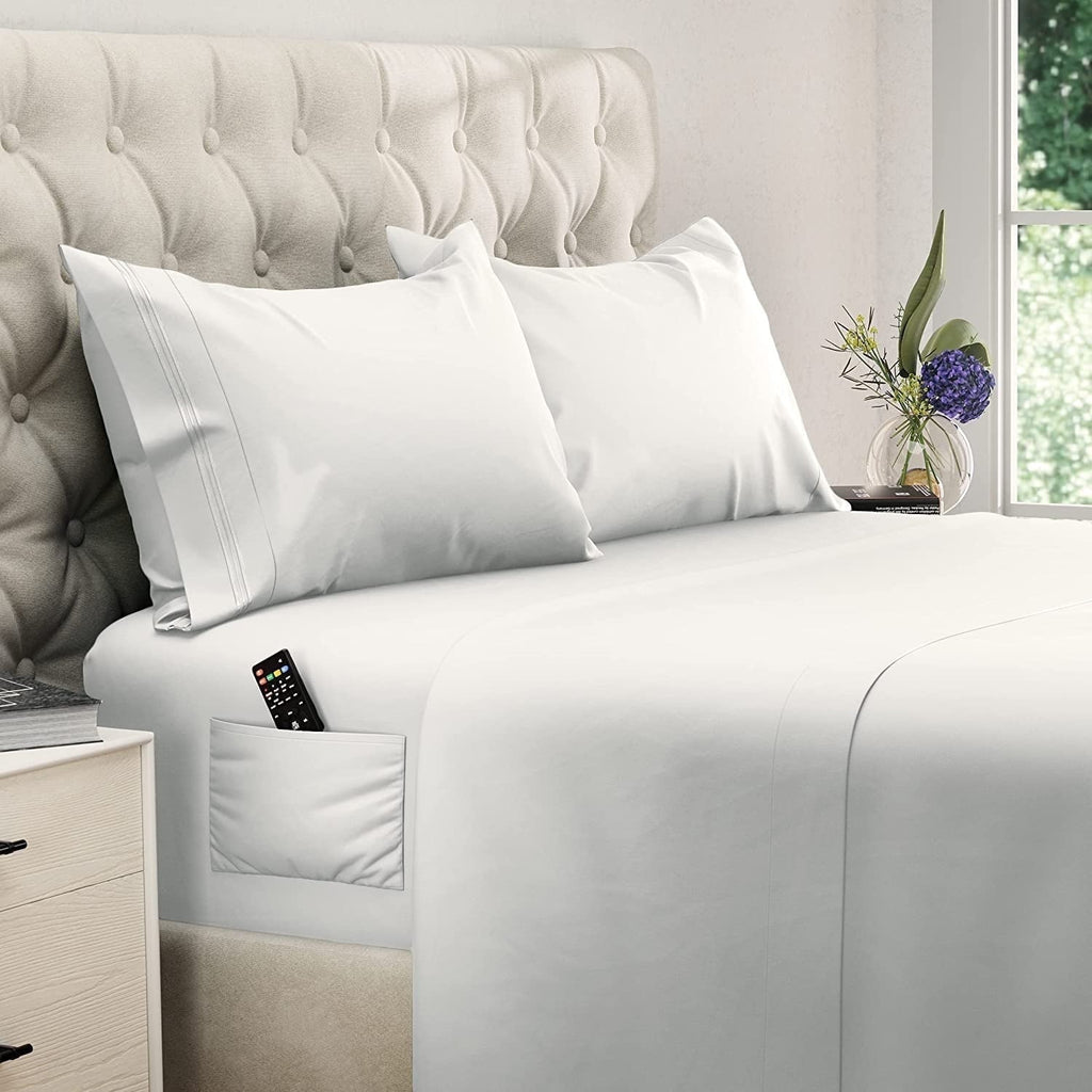 Cooling Sateen Bed Sheets Set - Queen Size Sheet with Side Pocket - 4pcs Set, 15 inches, White - Premium Ultra-Soft Pillowcase Pair for Sleeping - Default Title