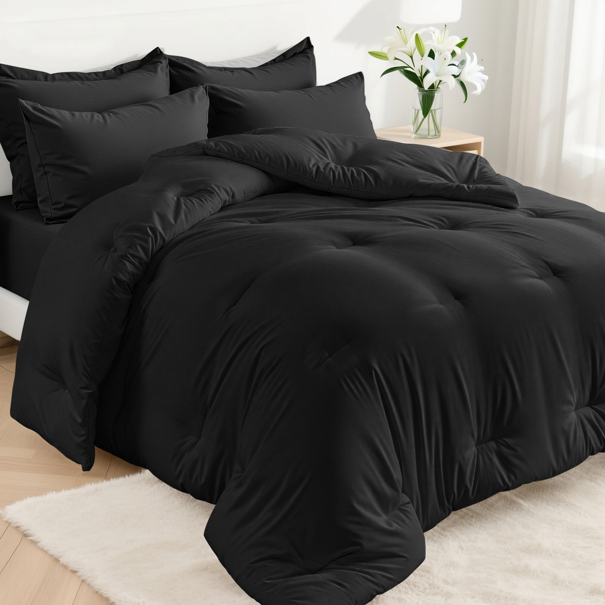 All-Season 5-Piece Bed in Bag - Twin Size Comforter Sets, Pillowcases & Sheet Collection for Cozy Bedding Sets Black - Hypoallergenic Ultra-Fluffy Quilt for Winter - Default Title