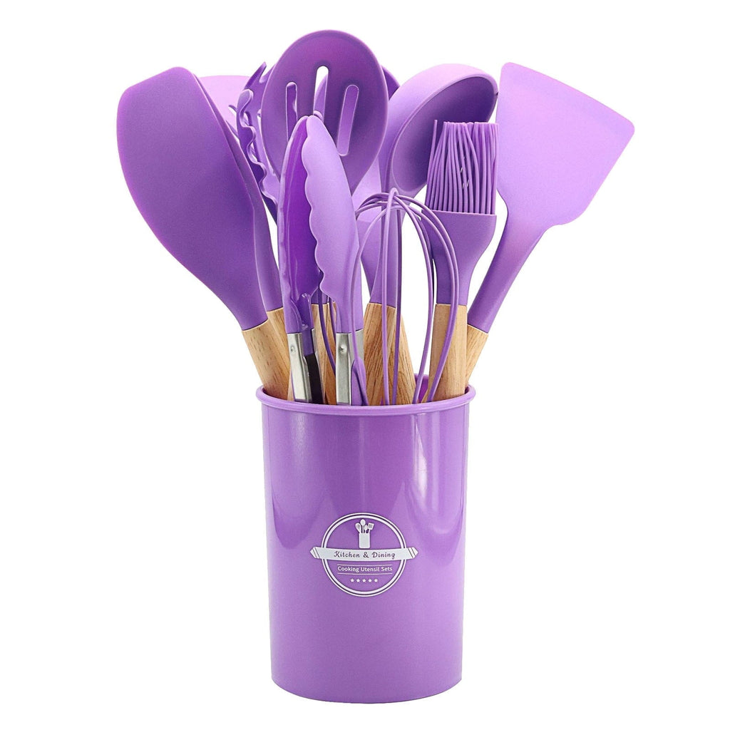 Premium Silicone 12Pcs Cooking Kitchen Utensils Set with Holder,Wooden Handles Cooking Tool,BPA Free,Non Toxic Turner Tongs Spa... - Durable Turner & Ladle Utensil Set for Home Chefs - Default Title