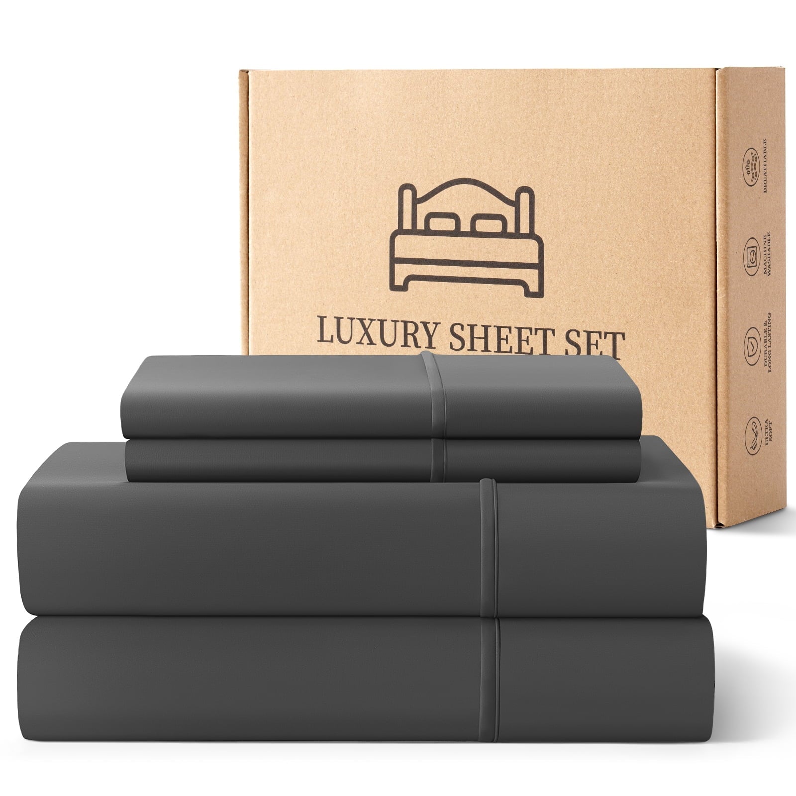 Ultra-Soft Sheets,Soft Hotel Luxury Polyester Washed Cotton,4 Piece Sheets Set,with 14" Deep Pocket,Dark Gray - Breathable Egyptian Cotton Flat & Fitted Sheets - Default Title