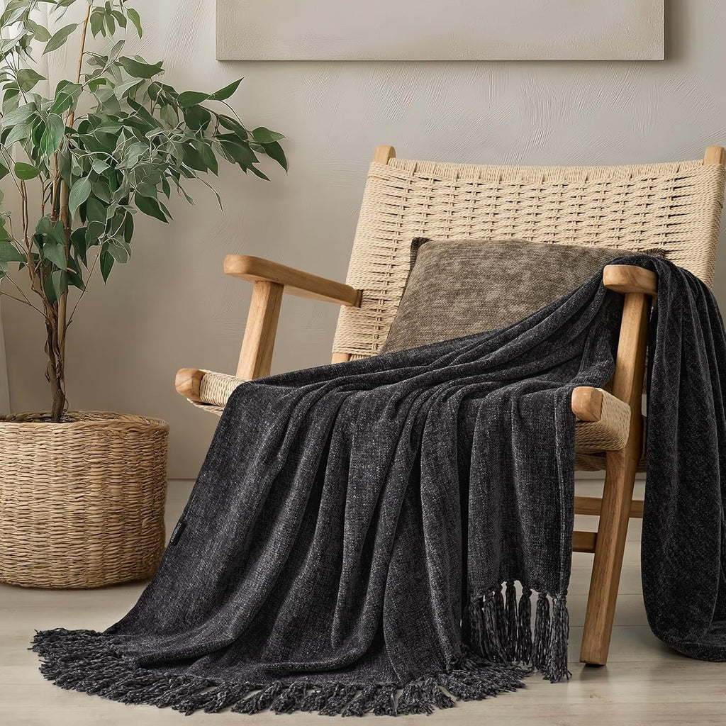 Cozy Fleece Soft Chenille Throw Blanket for Couch, Cozy Plush Fuzzy Decorative Chenille Knit Throw Blanket with Tassels, Lightwei... - Luxury Knitted Decorative Throw Blanket with Fringes - Default Title