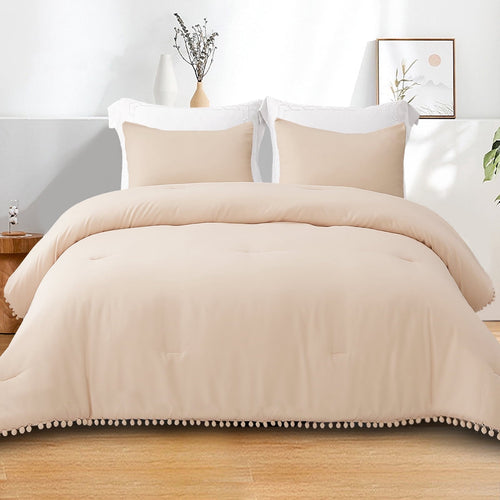 All-Season Boho Pom Pom Ball Fringe King Size Comforter Set, 3 Pieces Beige Lightweight Down Alternative Bedding Comforter Sets ... - Luxurious Quilted Duvet Cover Set - Default Title
