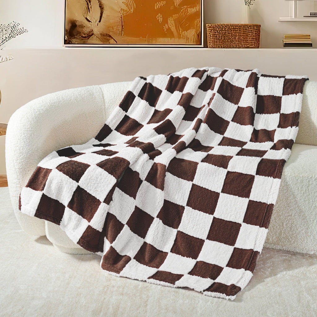 Cozy Fleece Checkered Throw Blanket, Super Soft and Warm Fluffy Fleece Blanket for Couch, Sofa, Bed, Cute Plaid Pattern, Coffee, ... - Lightweight Plush Warm Blanket for All Seasons - Default Title