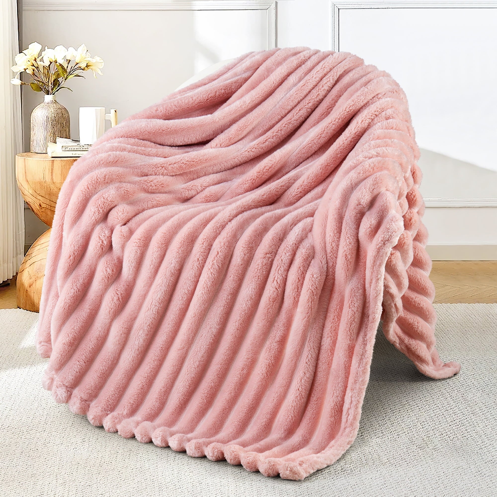 Decorative Knitted Fleece Throw Blanket for Couch, Super Soft 3D Striped Jacquard Blanket, Lightweight Fuzzy Cozy Blankets, Pink, 50"x60" - Super Soft Reversible Sherpa Flannel Blanket - Default Title
