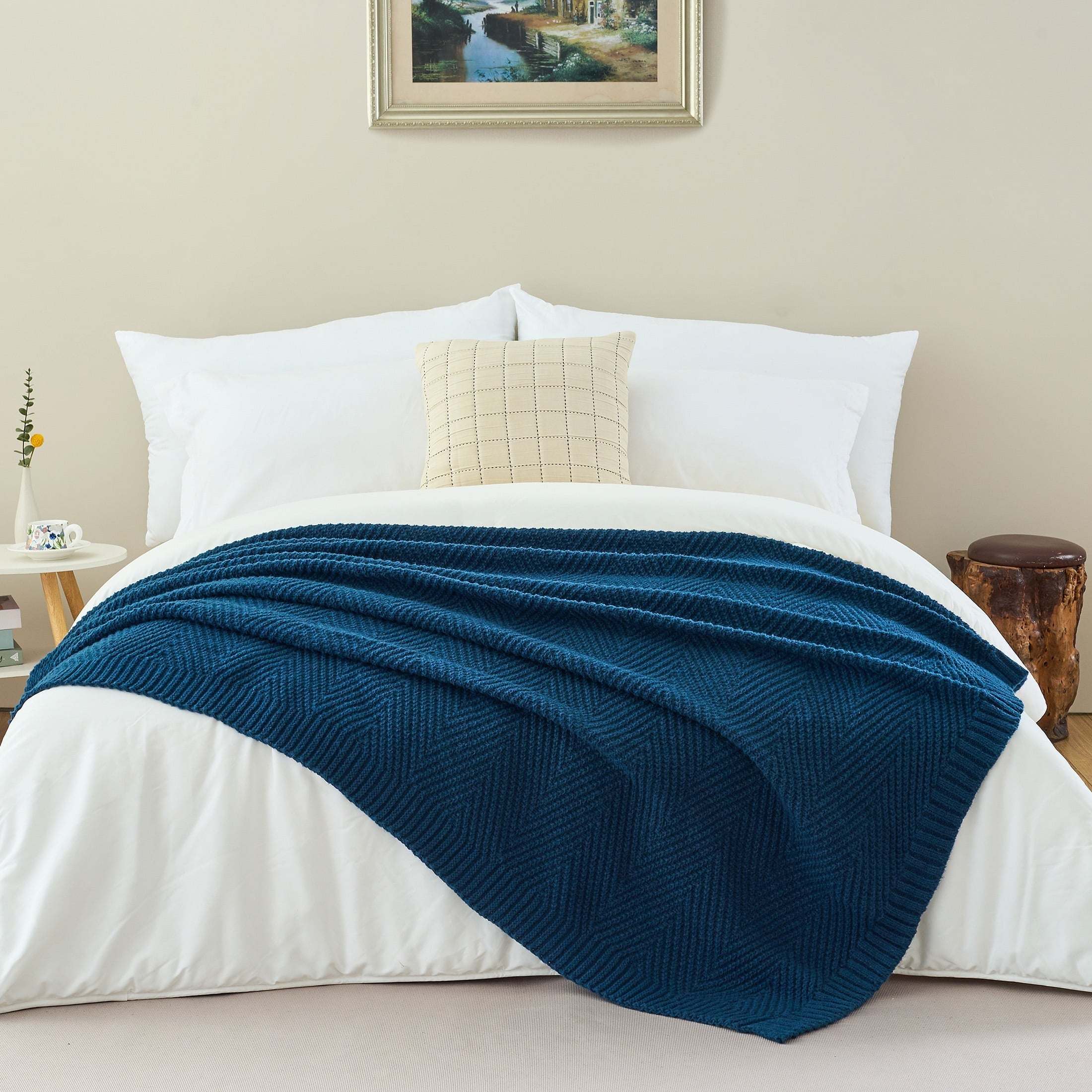 Cozy Fleece Soft Knitted Throw Blanket 50" x 60" Navy Blue, Boho Chevron Farmhouse Throw for Bed Couch - Super Soft Reversible Sherpa Flannel Blanket - Default Title