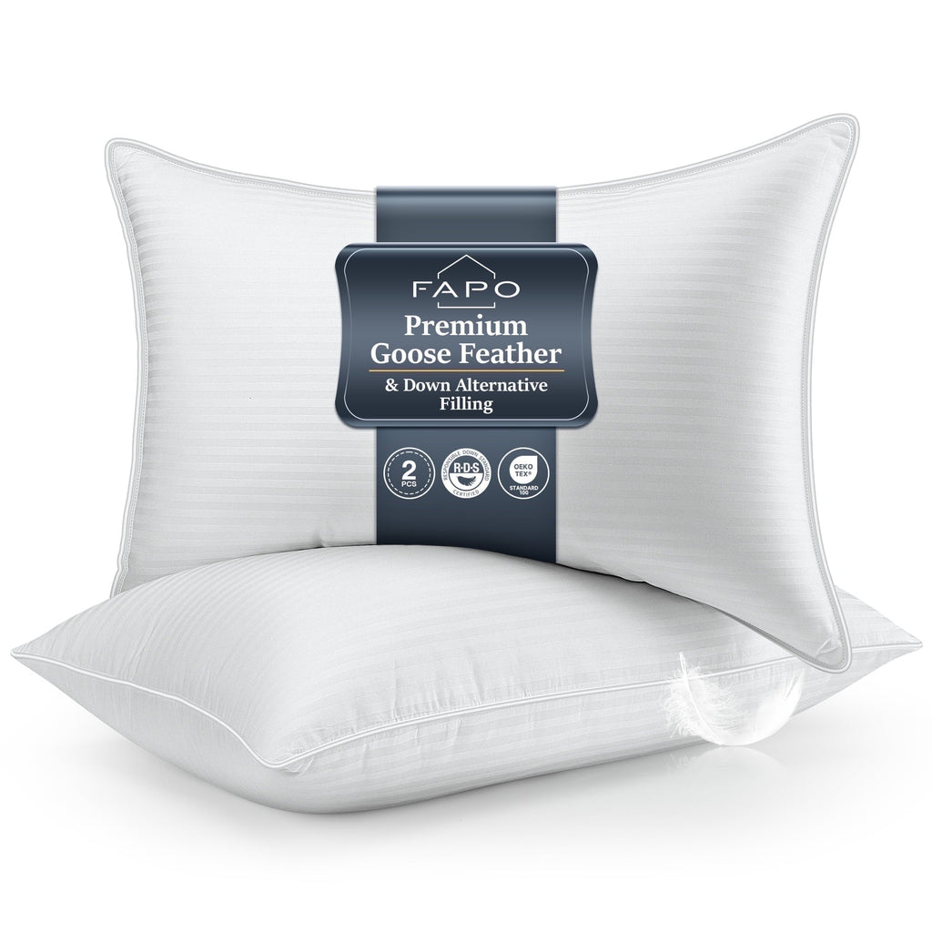 Hotel Collection Goose Feather Pillows Queen Size Set of 2, Hotel Down Bed Pillow for Sleeping,Soft 600 TC Cotton Cover - Orthopedic Shredded Foam Bed Pillow Set - Default Title