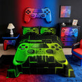Fluffy Down Alternative Green Yellow Gaming Full Size Comforter Sets - Gamer Comforter Full Size Bedding Set, Neon Lights Abstract Geometry D... - Luxurious Quilted Duvet Cover Set - Default Title