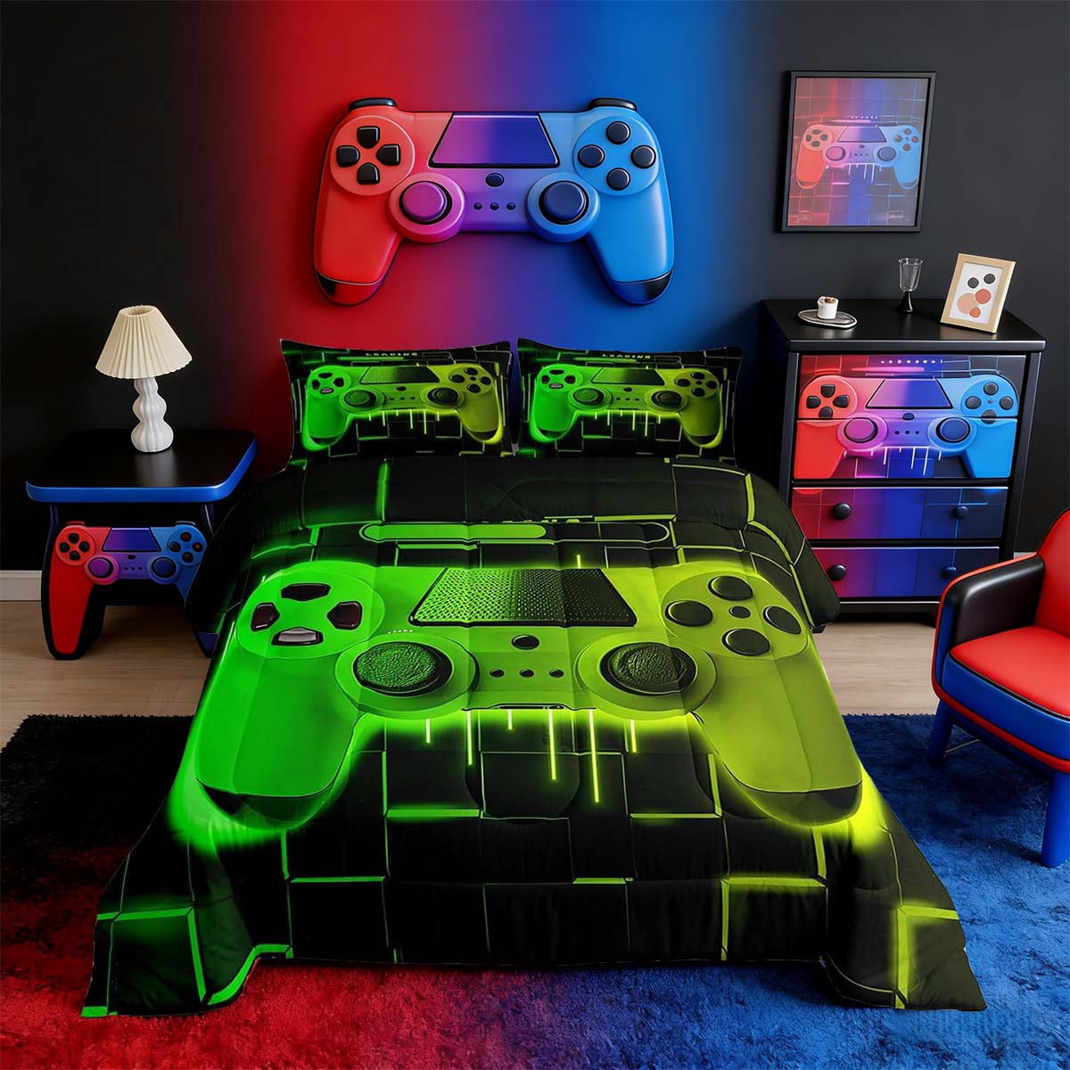 Fluffy Down Alternative Green Yellow Gaming Full Size Comforter Sets - Gamer Comforter Full Size Bedding Set, Neon Lights Abstract Geometry D... - Luxurious Quilted Duvet Cover Set - Default Title