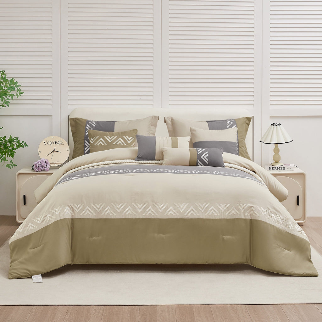 Fluffy Down Alternative 7 Piece Embroidery Design Bed-in-a-Bag, Taupe Queen Size Ultra Soft Comforter Set for Adults - All-Season Down Alternative Comforter Insert - Default Title