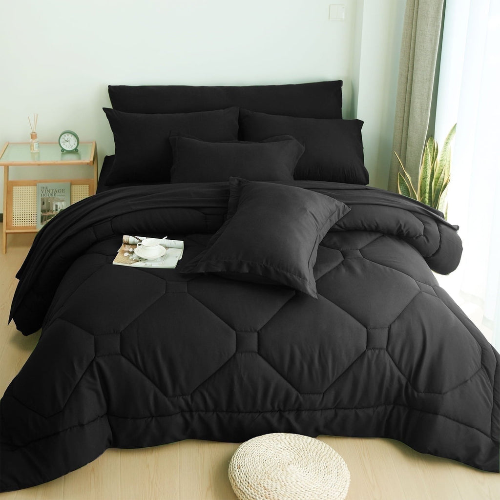 Hypoallergenic Cloud 8 PCS Modern Comforter Set with Sheets All Season Bed in a Bag, Black, Queen Size - Luxurious Quilted Duvet Cover Set - Default Title