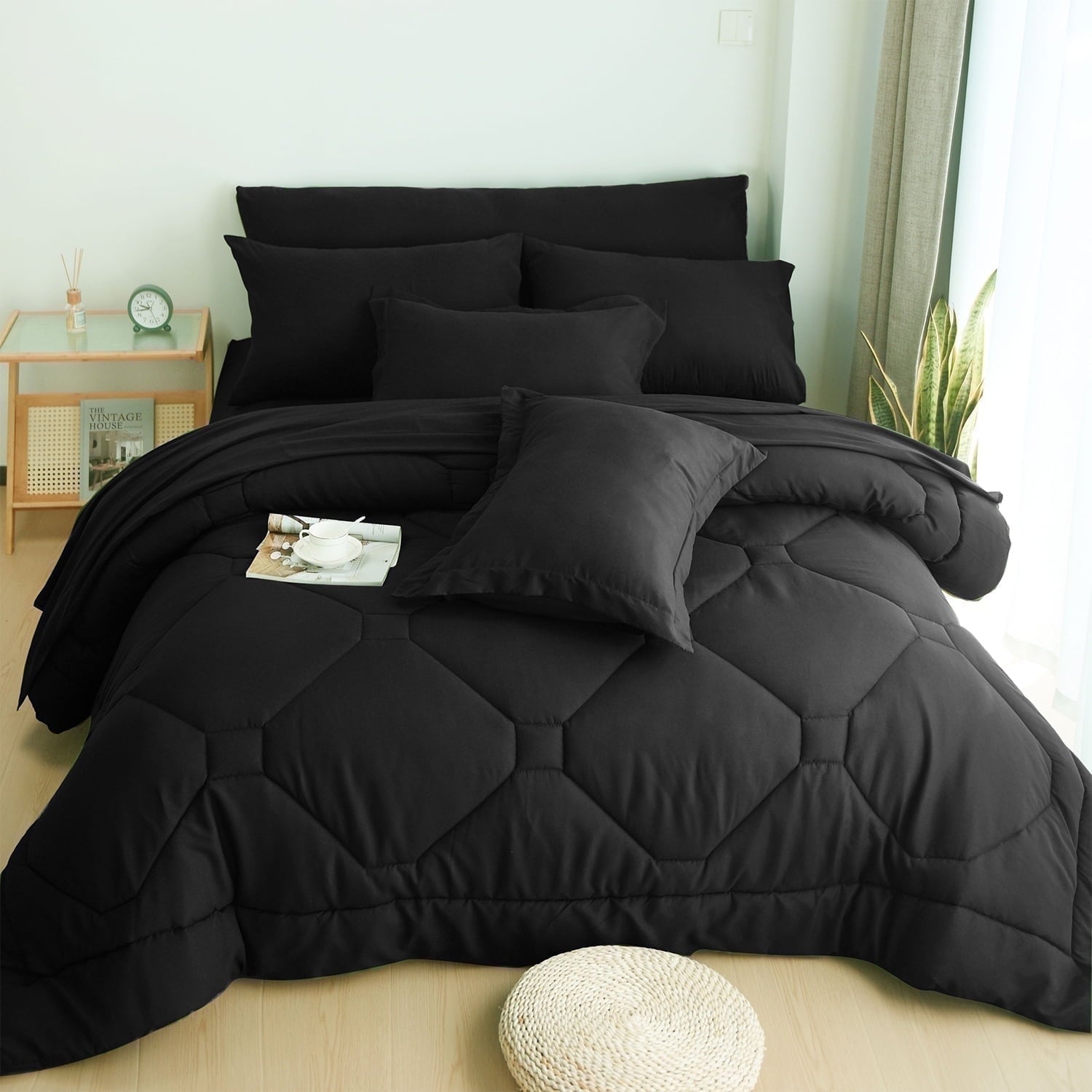 Hypoallergenic Cloud 8 PCS Modern Comforter Set with Sheets All Season Bed in a Bag, Black, Queen Size - Luxurious Quilted Duvet Cover Set - Default Title