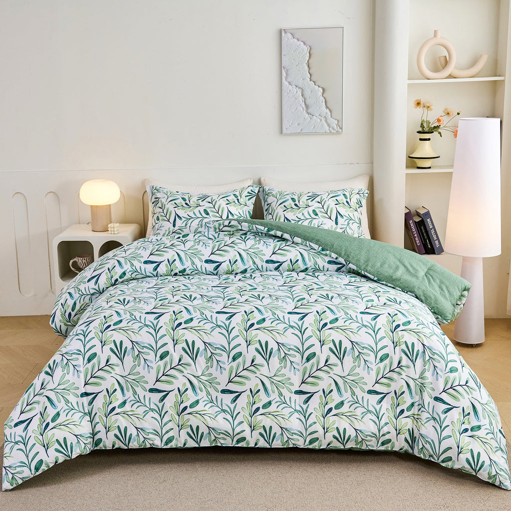 Luxurious Quilted 3-Piece Floral Comforter Set King Size, Green and White Botanical, Soft Microfiber All-Season Bedding for Adults & Teens - Luxurious Quilted Duvet Cover Set - Default Title
