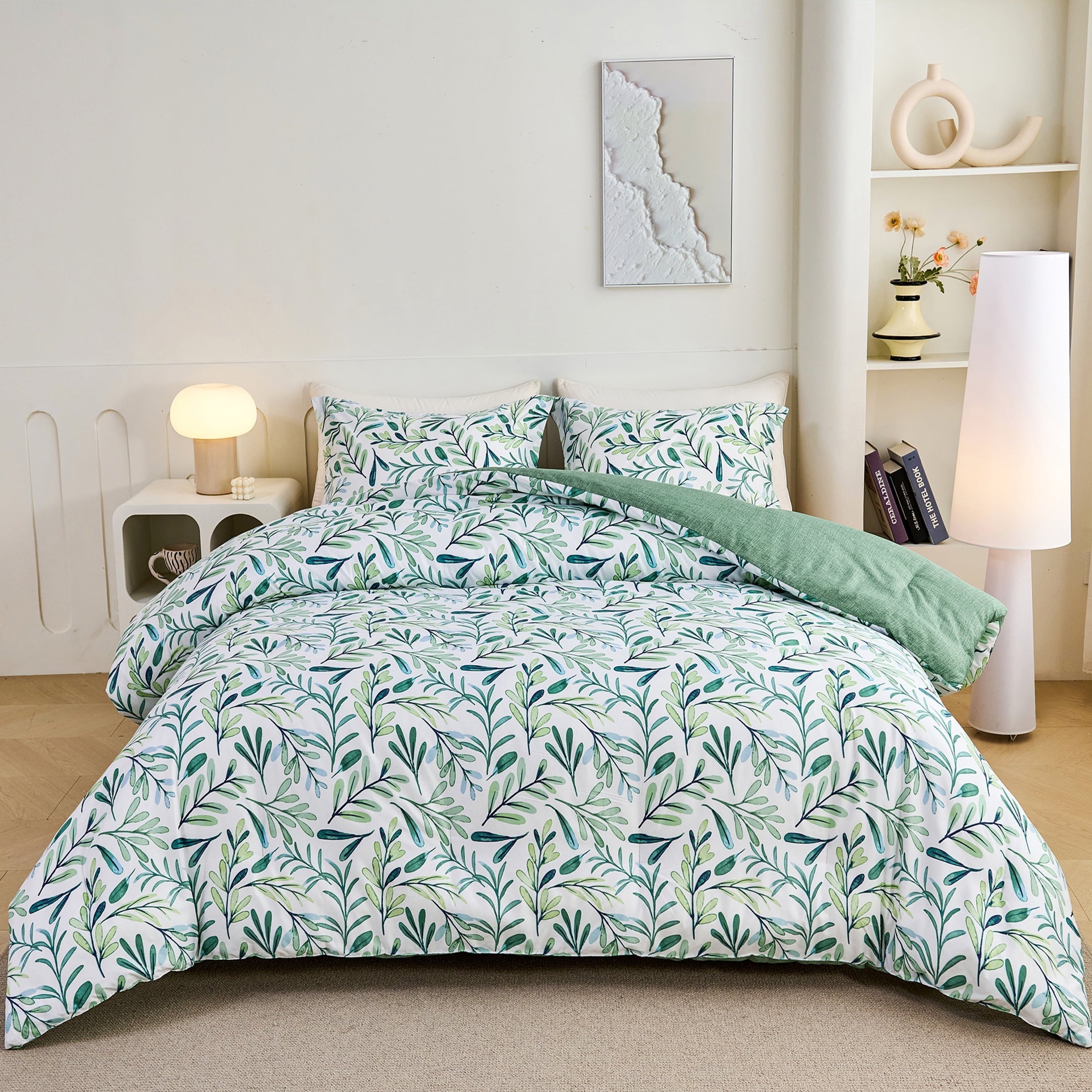 Luxurious Quilted 3-Piece Floral Comforter Set King Size, Green and White Botanical, Soft Microfiber All-Season Bedding for Adults & Teens - Luxurious Quilted Duvet Cover Set - Default Title
