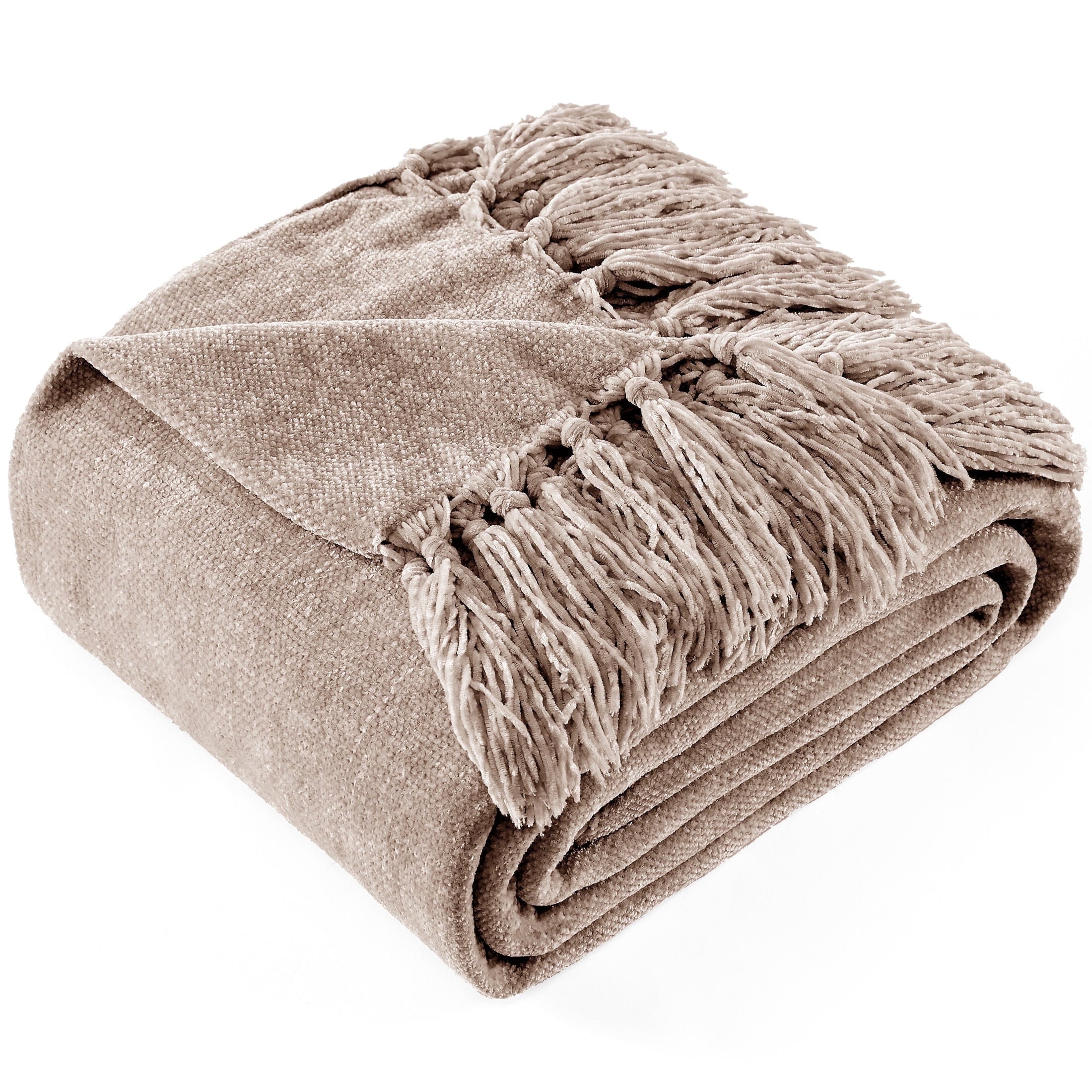 Reversible Sherpa Chenille Throw Blanket with Fringe Tassel for Couch Sofa Chair Bed, Taupe 50" X 60" - Cozy Fleece Throw Blanket for Couch & Bed - Default Title