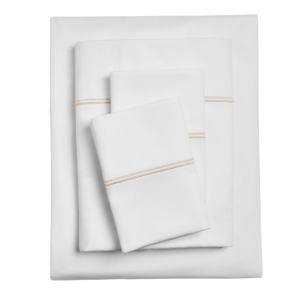 Wrinkle-Resistant 4-Piece 300 Thread Count White Pima Cotton Bed Sheet Set with Tan Hem, Full , Adult/Teen - Cooling Hotel Quality Bedding Sheets and Pillowcases - Default Title