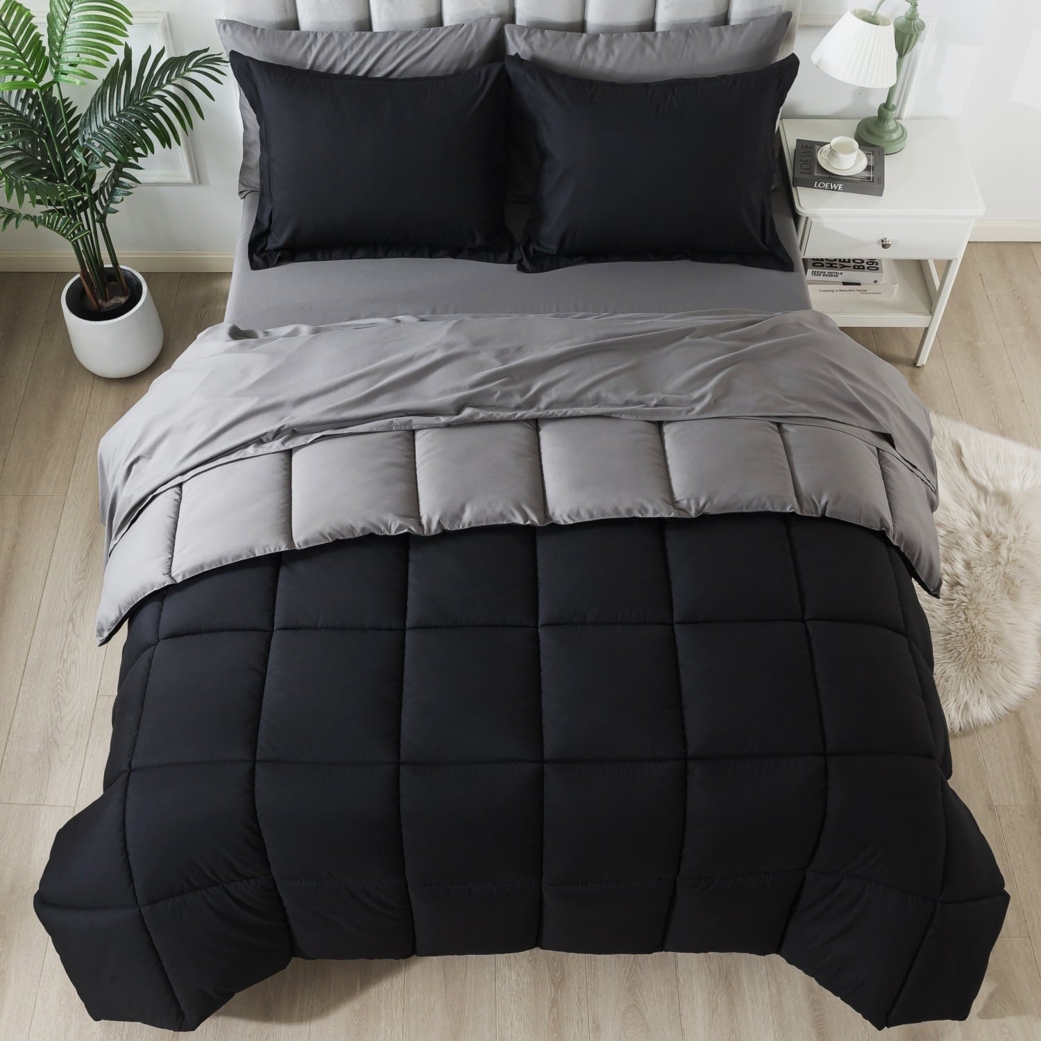 Fluffy Down Alternative Queen Size 7 Piece Comforter Set | Bed in a Bag for Unisex Adult | Black/Gray - All-Season Down Alternative Comforter Insert - Default Title