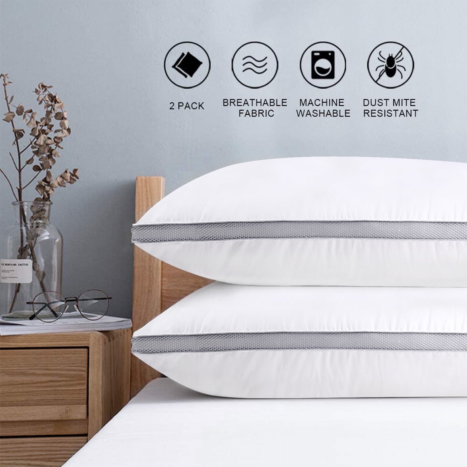 Hotel Collection Down Alternative Bed Pillow with Cotton Cover and Gusset, 2 Pack, Queen, 20"x26" - Decorative Throw Pillow Cushion for Sofa & Bed - Default Title