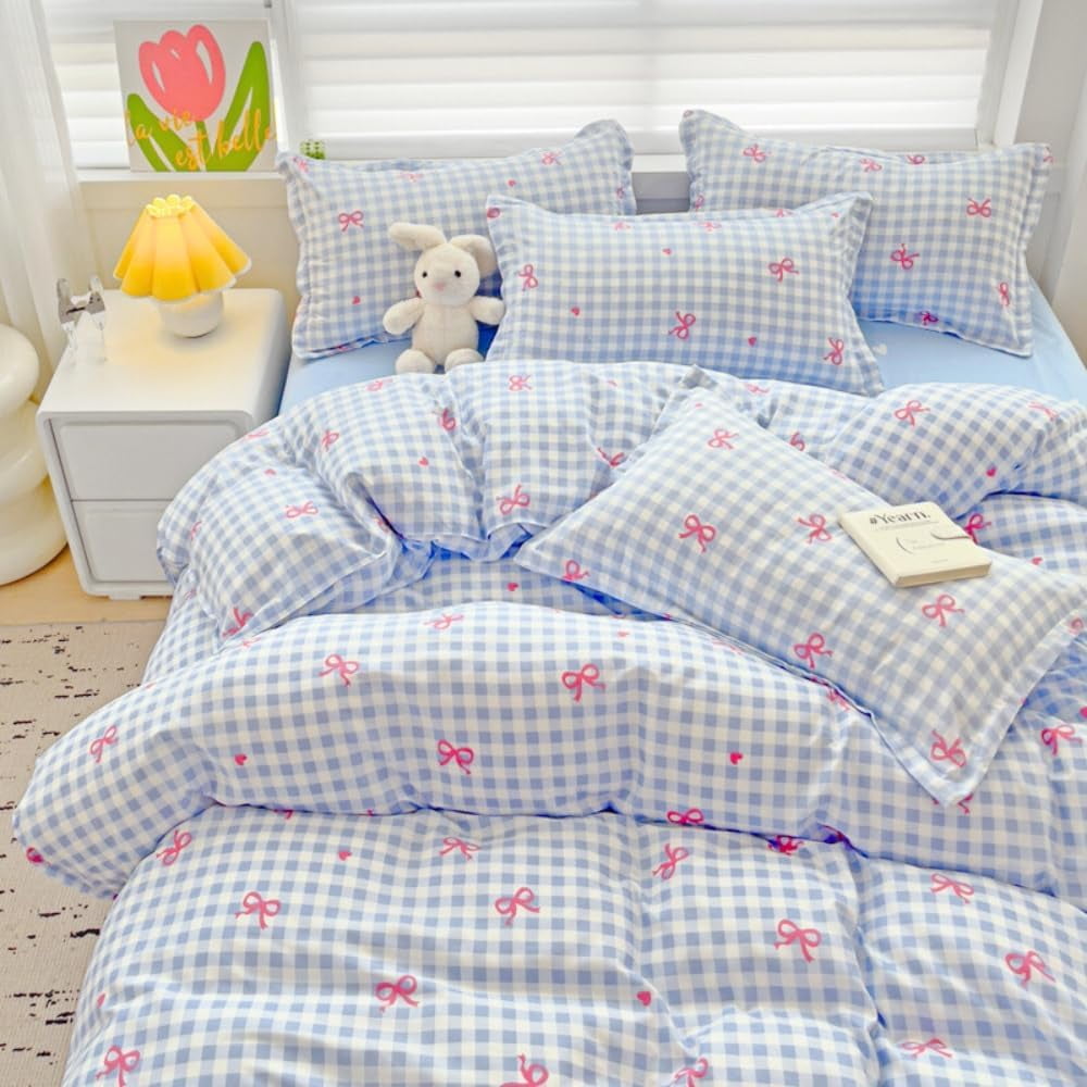 Hypoallergenic Cloud 3-Piece Blue Plaid Pink Bows Comforter Full Set , Cute Soft Bedding Set for Kids Adults - Luxurious Quilted Duvet Cover Set - Default Title