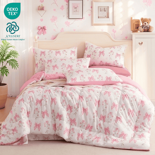 All-Season Pink Bowknot Girls Comforter Set Twin Size, 3 Pieces Bows Princess Style Bedding Set for Girls for All Season - All-Season Down Alternative Comforter Insert - Default Title