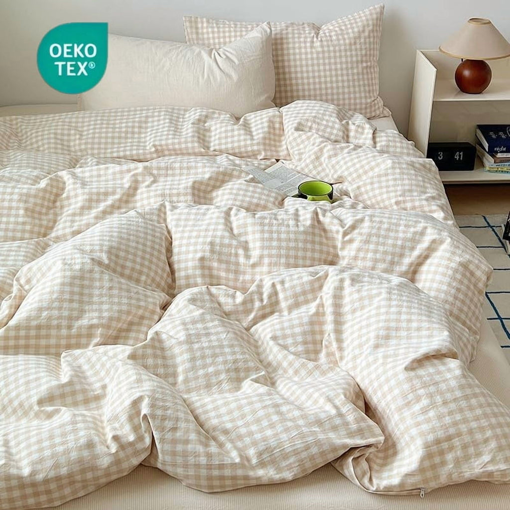 Fluffy Down Alternative Soft Beige White Plaid Comforter Twin Sets, 2 Pieces Breathable Plaid Buffalo Checkered Comforter for All Season - All-Season Down Alternative Comforter Insert - Default Title