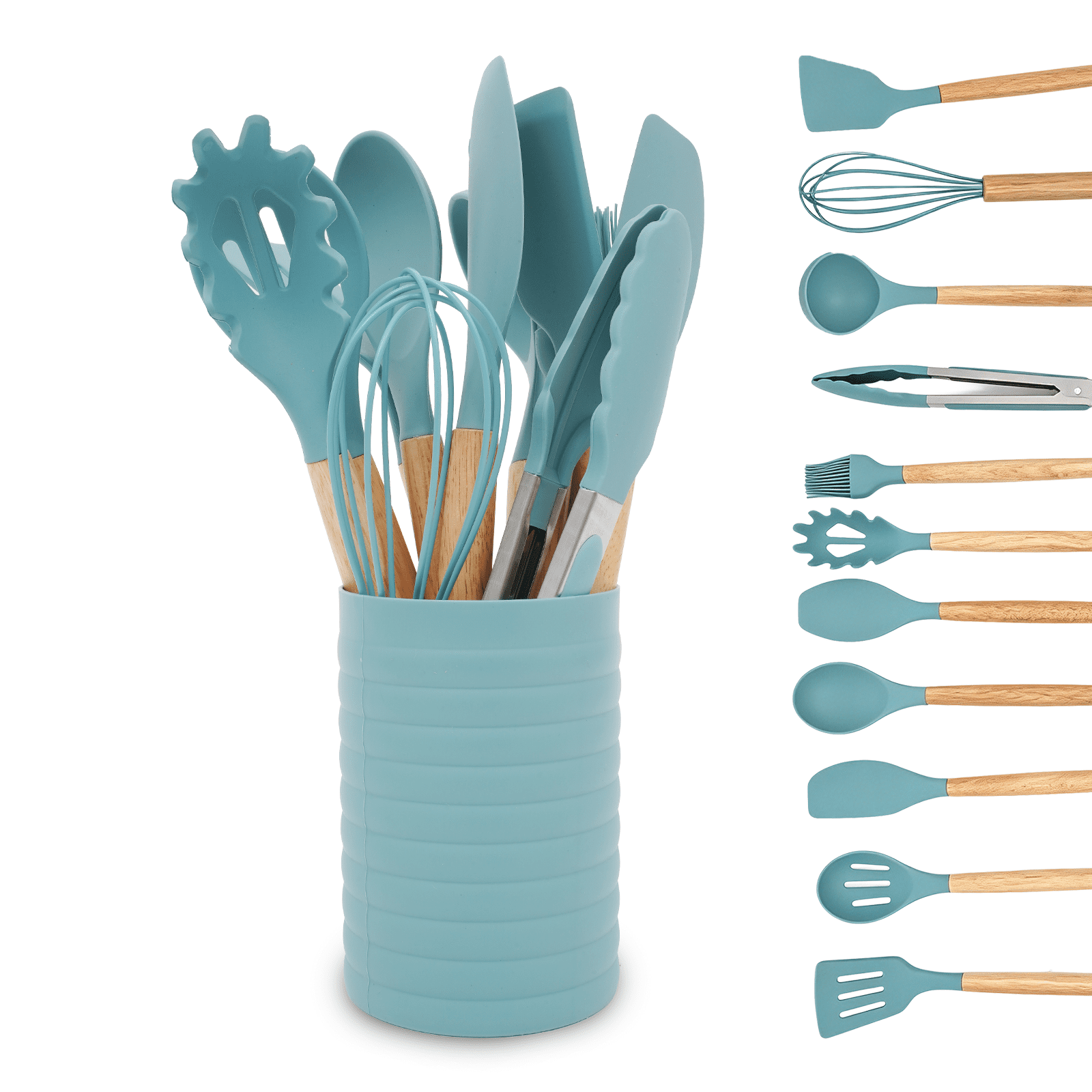 Heat-Resistant Small Silicone Cooking Utensils with Holder Set (12Pack), Aqua Kitchen Tools with Wooden Handle for Nonstick... - Premium Stainless Steel Cooking Utensil for Non-Stick Pots - Default Title