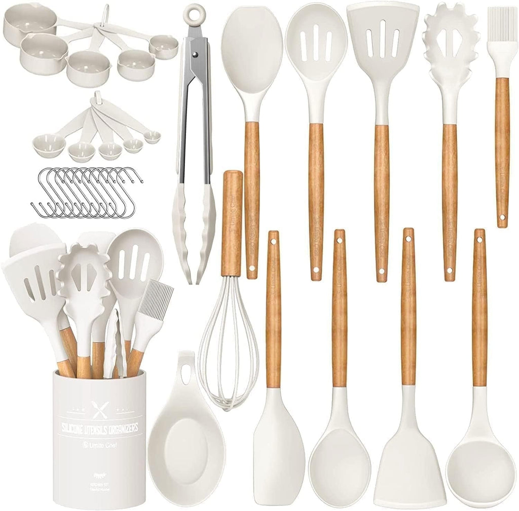Ergonomic Cooking Kitchen Cooking Utensils Set, 33 pcs Non-stick Silicone Cooking Kitchen Utensils Spatula Set with Holder, Wooden Hand... - Durable Turner & Ladle Utensil Set for Home Chefs - Default Title