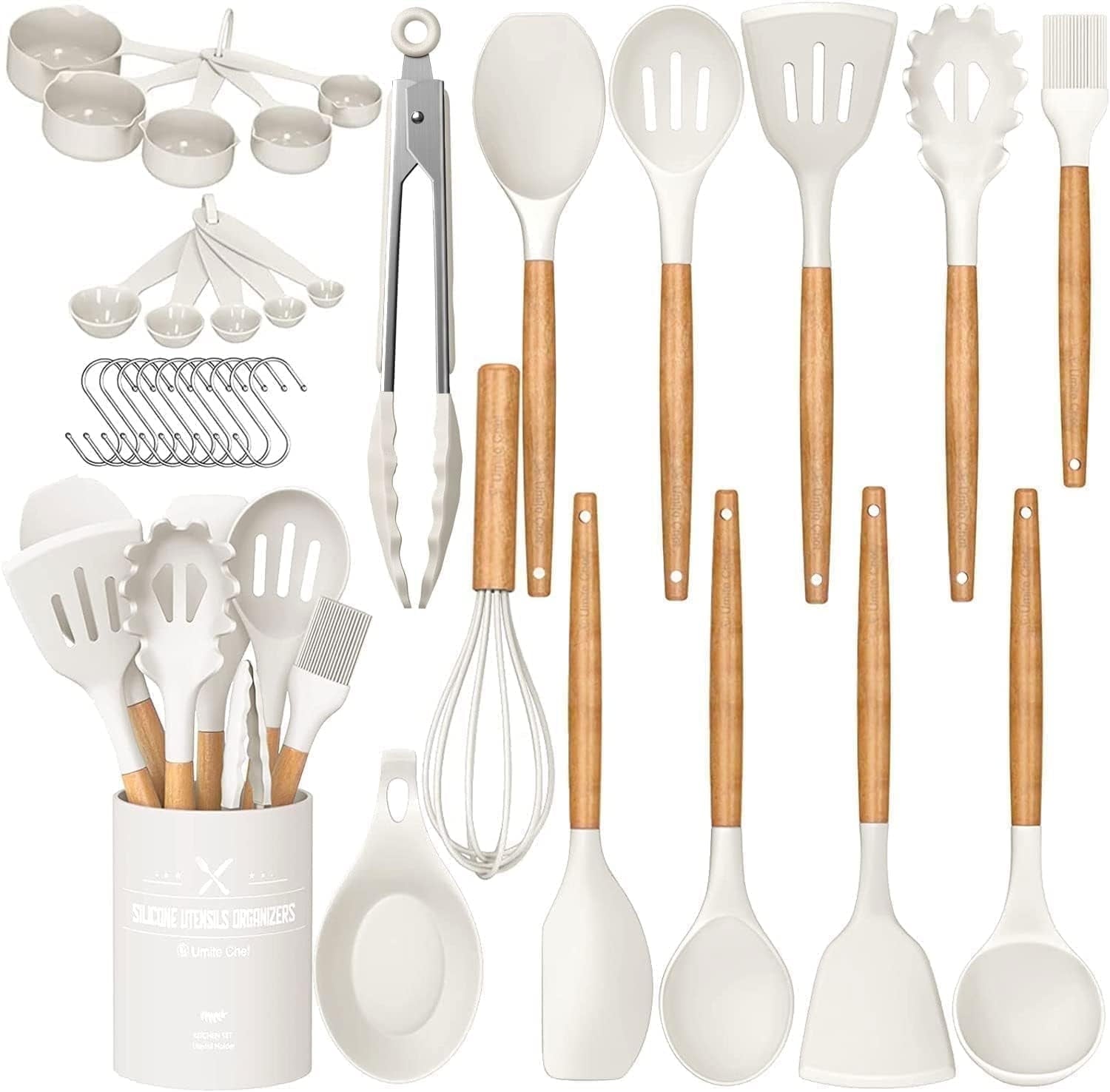 Ergonomic Cooking Kitchen Cooking Utensils Set, 33 pcs Non-stick Silicone Cooking Kitchen Utensils Spatula Set with Holder, Wooden Hand... - Durable Turner & Ladle Utensil Set for Home Chefs - Default Title