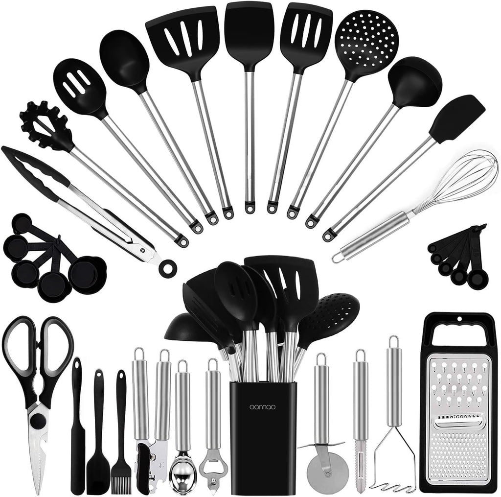 Professional Grade Kitchen Utensil Set-Silicone Cooking Utensils-33 Kitchen Gadgets & Spoons for Nonstick Cookware-Silicone and Stainles... - Multi-Purpose Hand Tool for Daily Meal Prep - Default Title