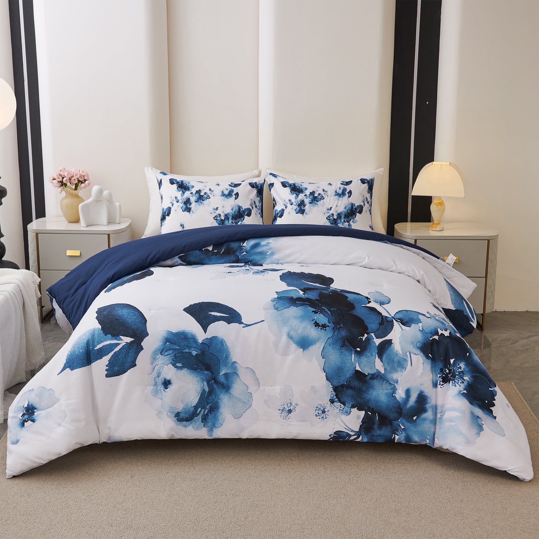 Heavyweight Warmth 3 Pieces Blue and White Floral Comforter Set King Size, Flower Bedding with Watercolor Flowers Pattern for Women, Rev... - Luxurious Quilted Duvet Cover Set - Default Title