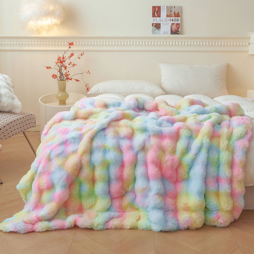 Cozy Fleece Fluffy Faux Rabbit Fur Bubble Throw, Rainbow Plush Shaggy Blanket for Couch Sofa Chair, Soft Tie Dye Furry Blanket Ad... - Cozy Fleece Throw Blanket for Couch & Bed - Default Title