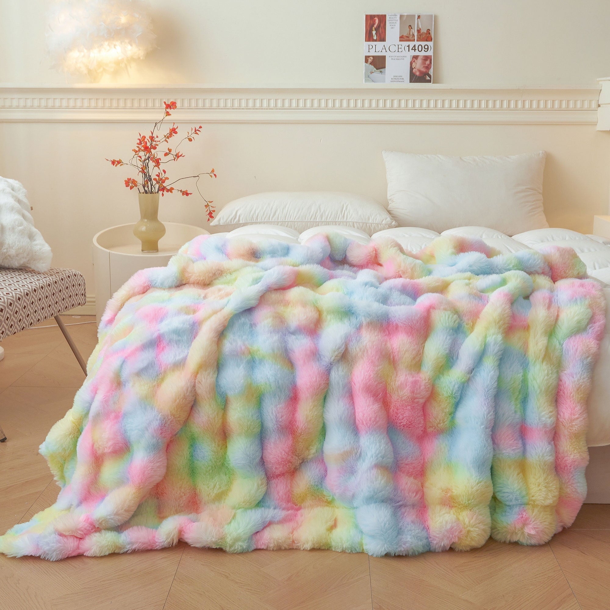 Cozy Fleece Fluffy Faux Rabbit Fur Bubble Throw, Rainbow Plush Shaggy Blanket for Couch Sofa Chair, Soft Tie Dye Furry Blanket Ad... - Cozy Fleece Throw Blanket for Couch & Bed - Default Title
