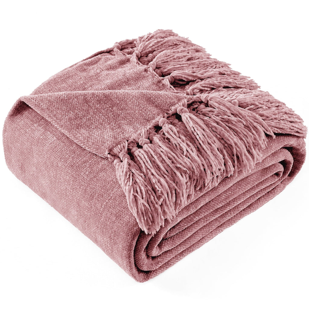 Lightweight Warm Chenille Throw Blanket with Fringe Tassel for Couch Sofa Chair Bed, Mauve 50" X 70" - Lightweight Plush Warm Blanket for All Seasons - Default Title