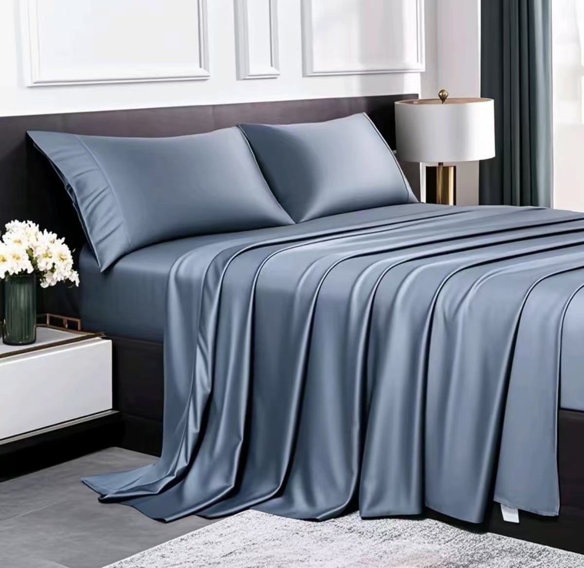 Wrinkle-Resistant Luxury Bamboo Bed Sheets Set Full 4 Pcs for Adult,Soft&Cool,16" Deep Pocket,Blue Gray - Premium Ultra-Soft Pillowcase Pair for Sleeping - Default Title