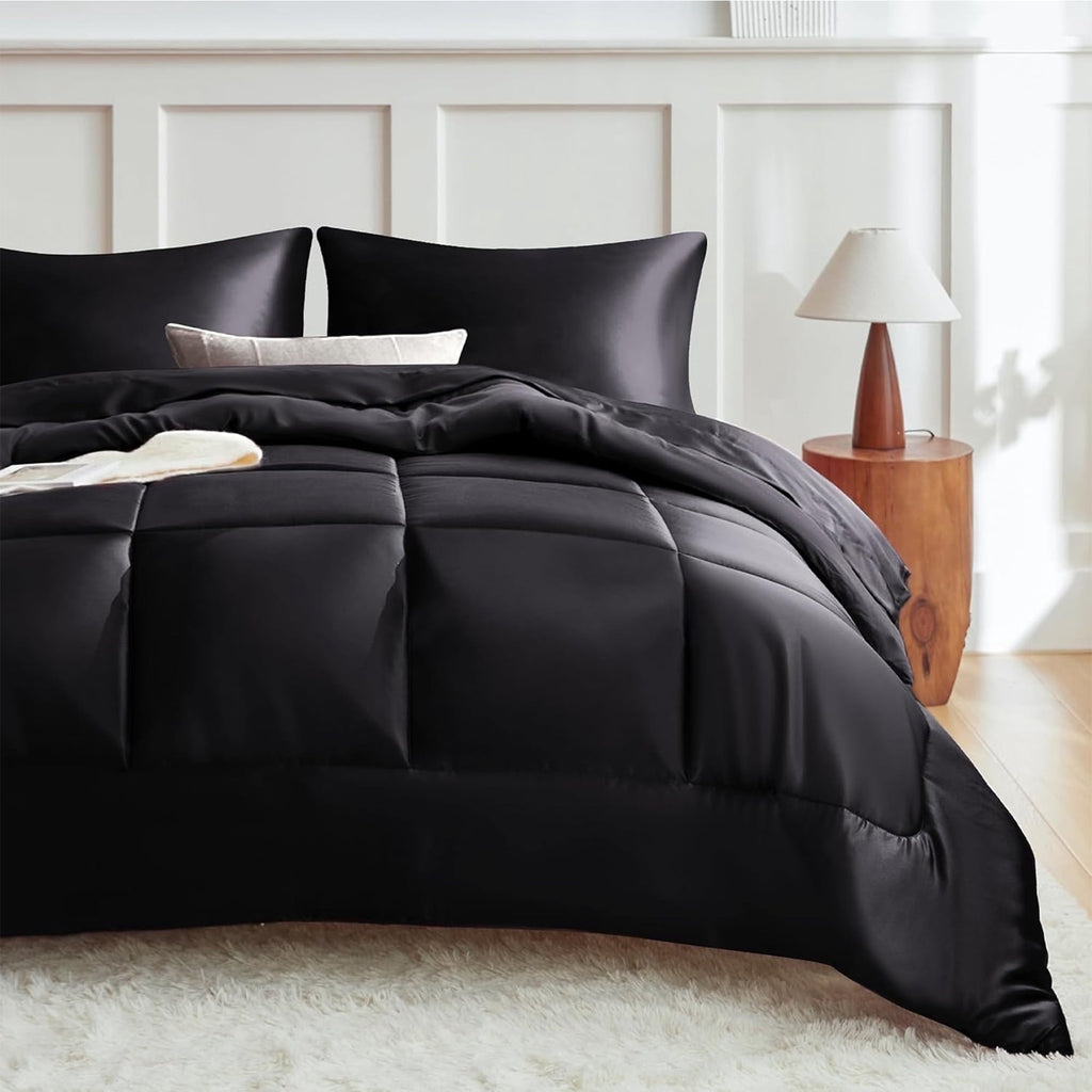 Hypoallergenic Cloud Reversible Satin Microfiber Comforter 3 Pieces Queen Size, Black Queen Comforter Set for All Seasons, Silky Soft Sati... - All-Season Down Alternative Comforter Insert - Default Title