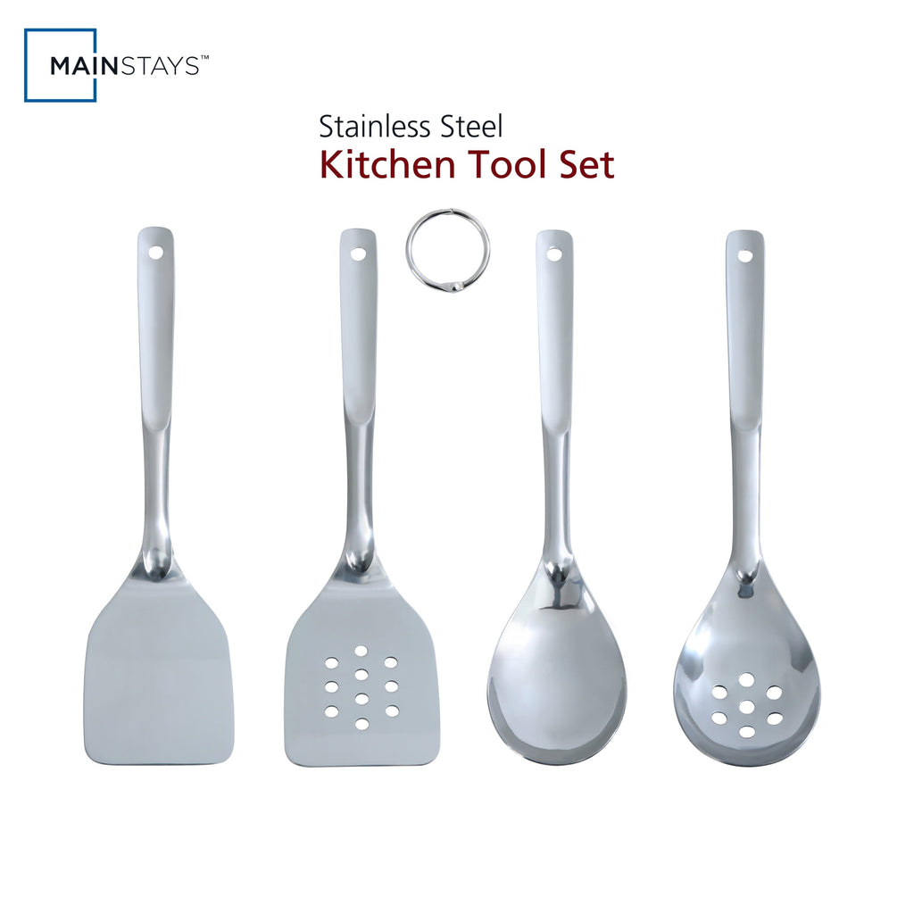 Non-Stick Safe Stainless Steel 4-Piece Utensil Set: Includes Spatula, Slotted Spatula, Spoon, and Slotted Spoon - Ergonomic Kitchen Tongs and Cooking Spoon Utensil - Default Title