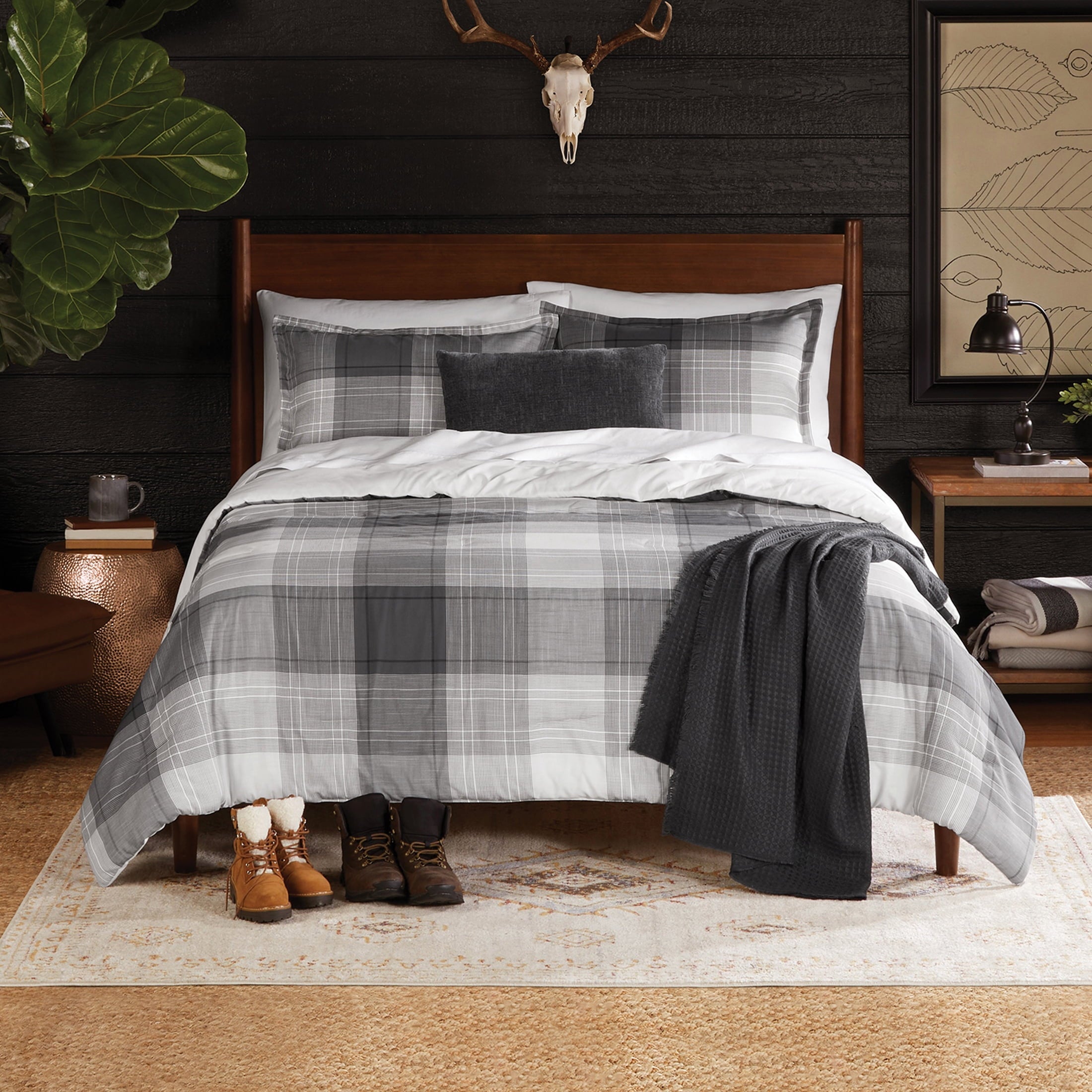 All-Season Full/Queen Comforter Set, All-Season, 5-Piece, Grey Plaid - Luxurious Quilted Duvet Cover Set - Default Title