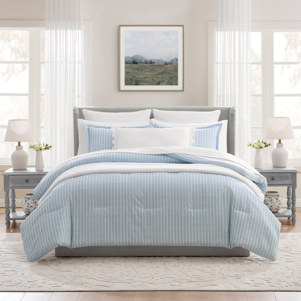 Hypoallergenic Cloud Stripe 11-Piece Comforter Set with Sheets, Blue, Queen - All-Season Down Alternative Comforter Insert - Default Title