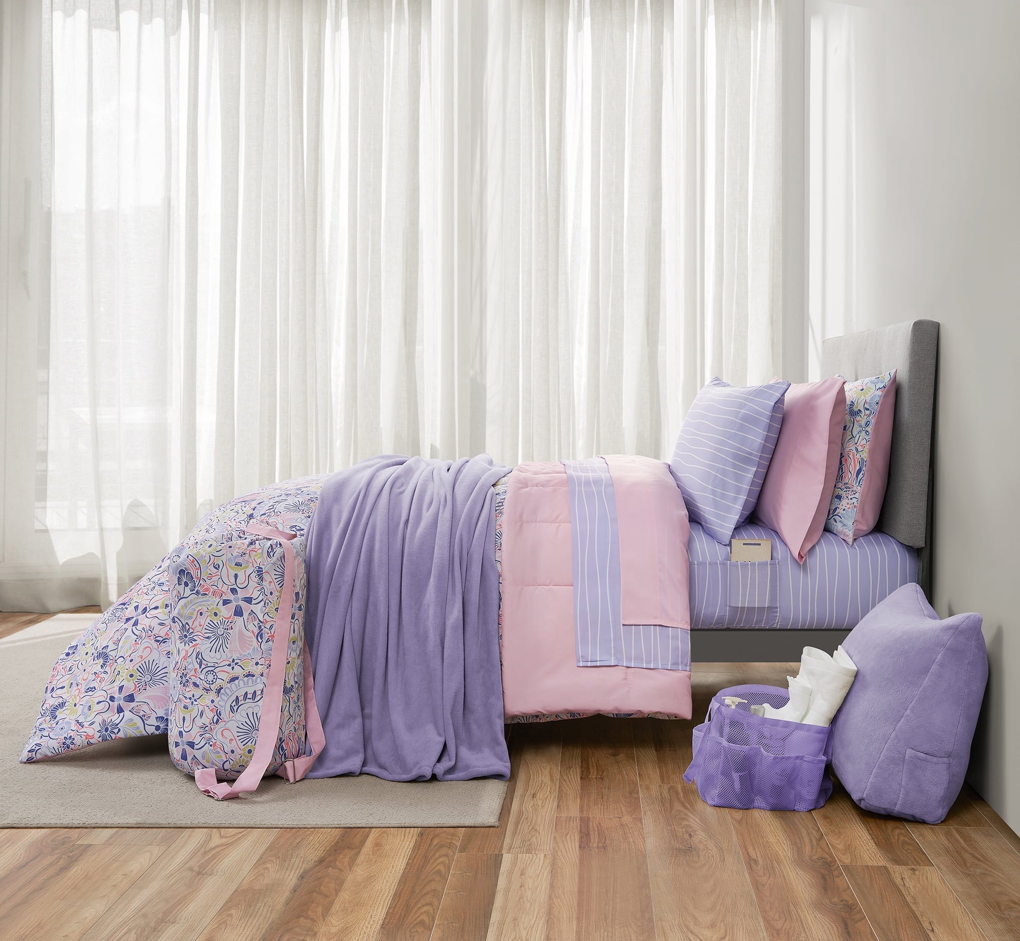 Heavyweight Warmth 14pc College Dorm Essentials Bundle, Twin-XL, Reversible Bed in a Bag Comforter Set, Purple Floral - Cloud-Like Soft Lightweight Bed Comforter - Default Title