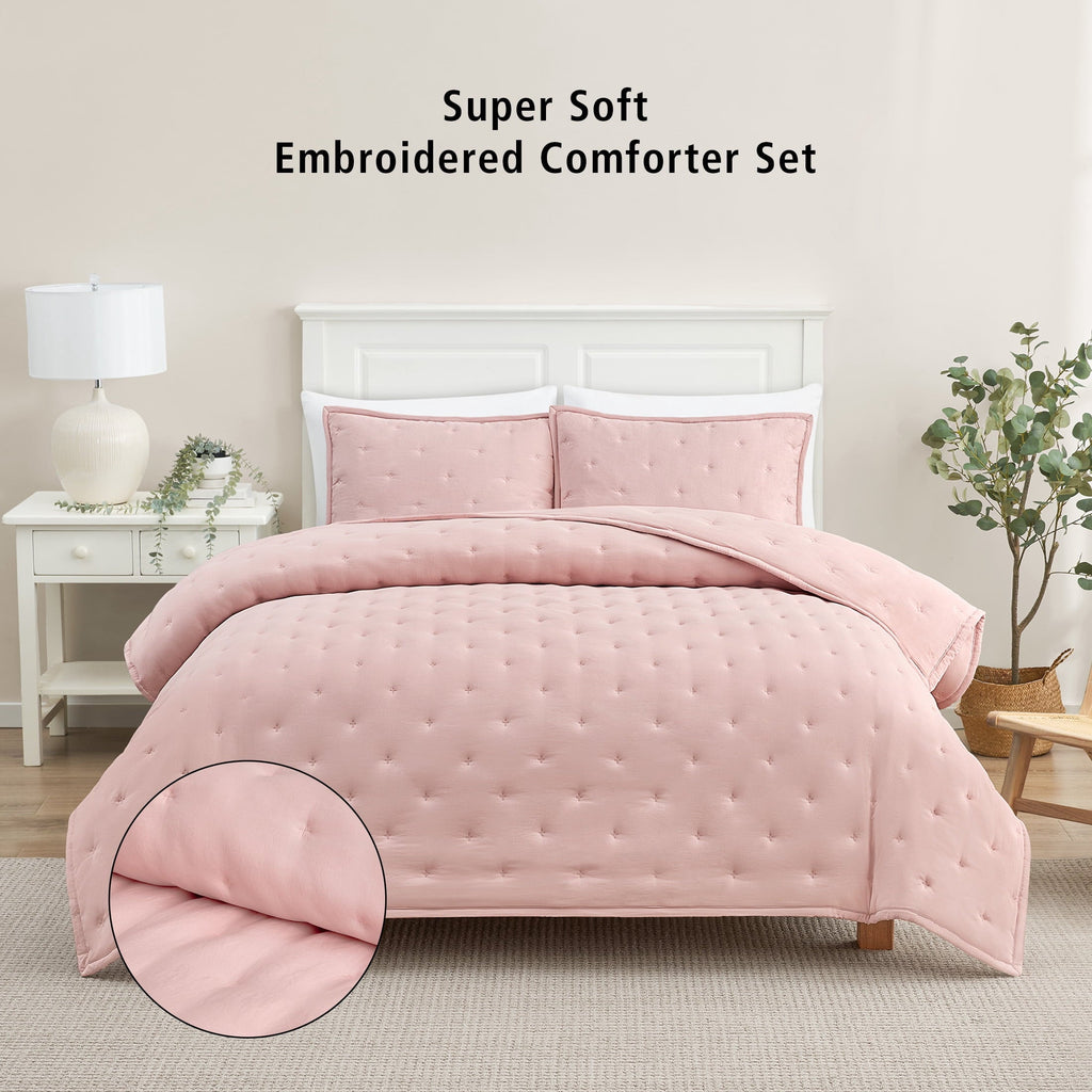 Heavyweight Warmth Full/Queen Comforter Set, Super Soft & Embroidered, 3-Piece, Pink - All-Season Down Alternative Comforter Insert - Default Title