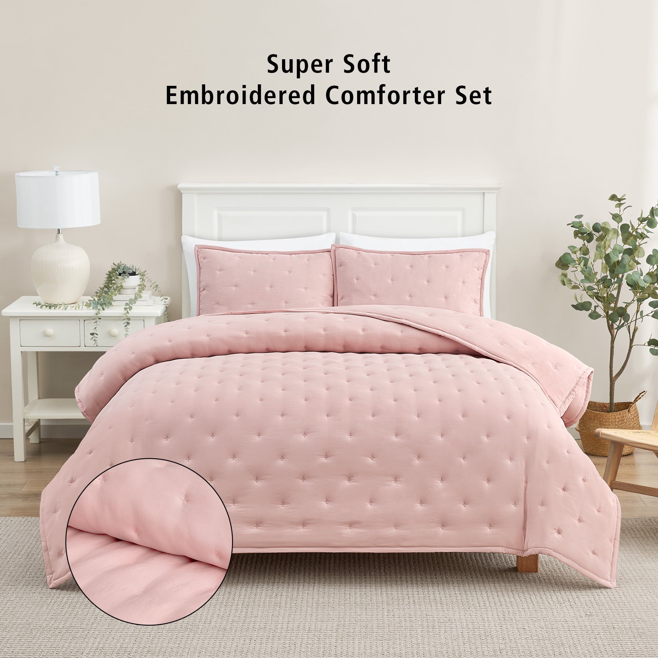 Heavyweight Warmth Full/Queen Comforter Set, Super Soft & Embroidered, 3-Piece, Pink - All-Season Down Alternative Comforter Insert - Default Title