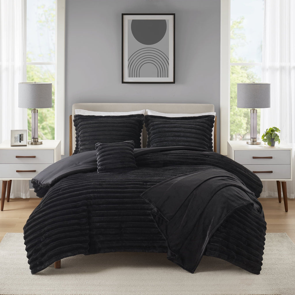 All-Season Full/Queen Comforter Set, All-Season, 5-Piece, Black Cozy Plush - Hypoallergenic Ultra-Fluffy Quilt for Winter - Default Title