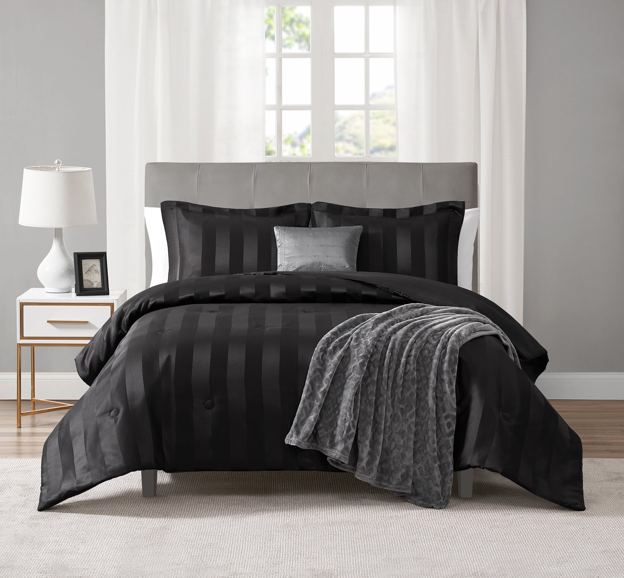 Hypoallergenic Cloud Rich Black 5 Piece Damask Stripe Comforter Set, King, Adult, Unisex - Hypoallergenic Ultra-Fluffy Quilt for Winter - Default Title