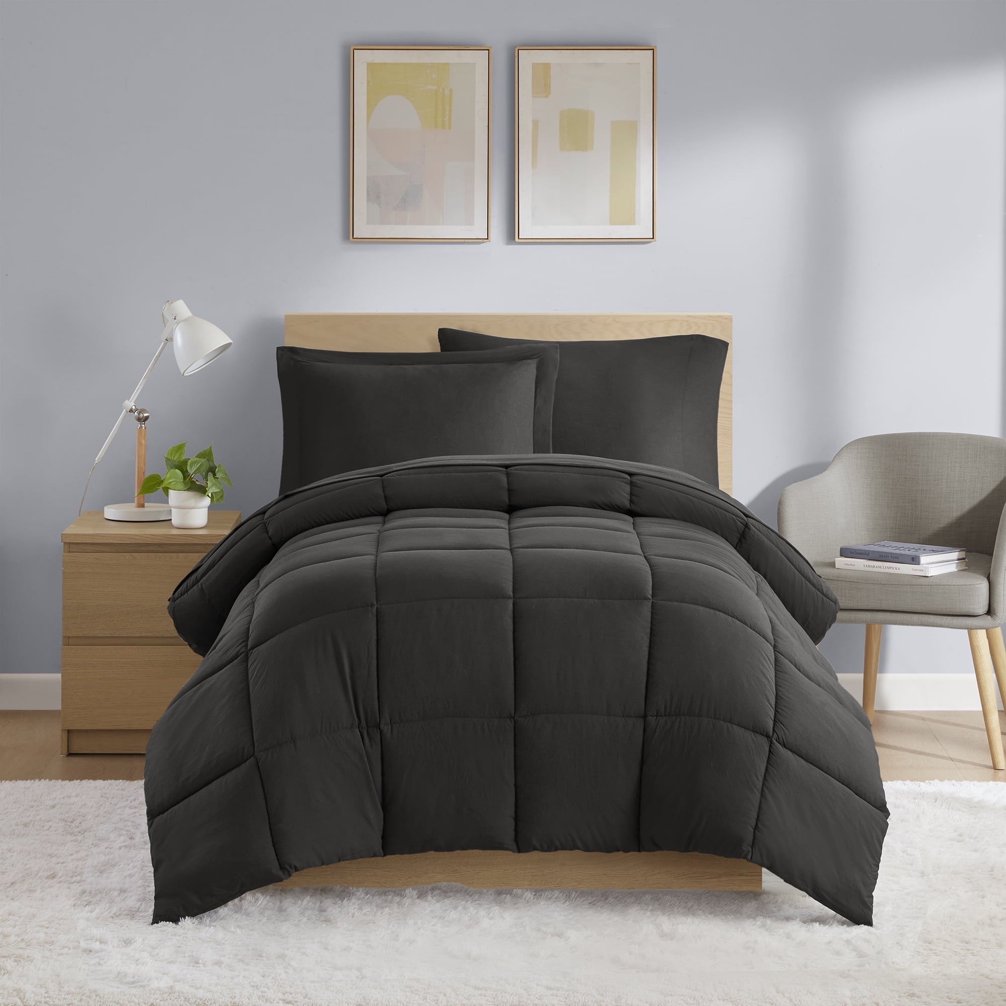 Fluffy Down Alternative All in One Down Alt Reversible Comforter and Sheet set- 5 Piece, Twin, Black - Cloud-Like Soft Lightweight Bed Comforter - Default Title