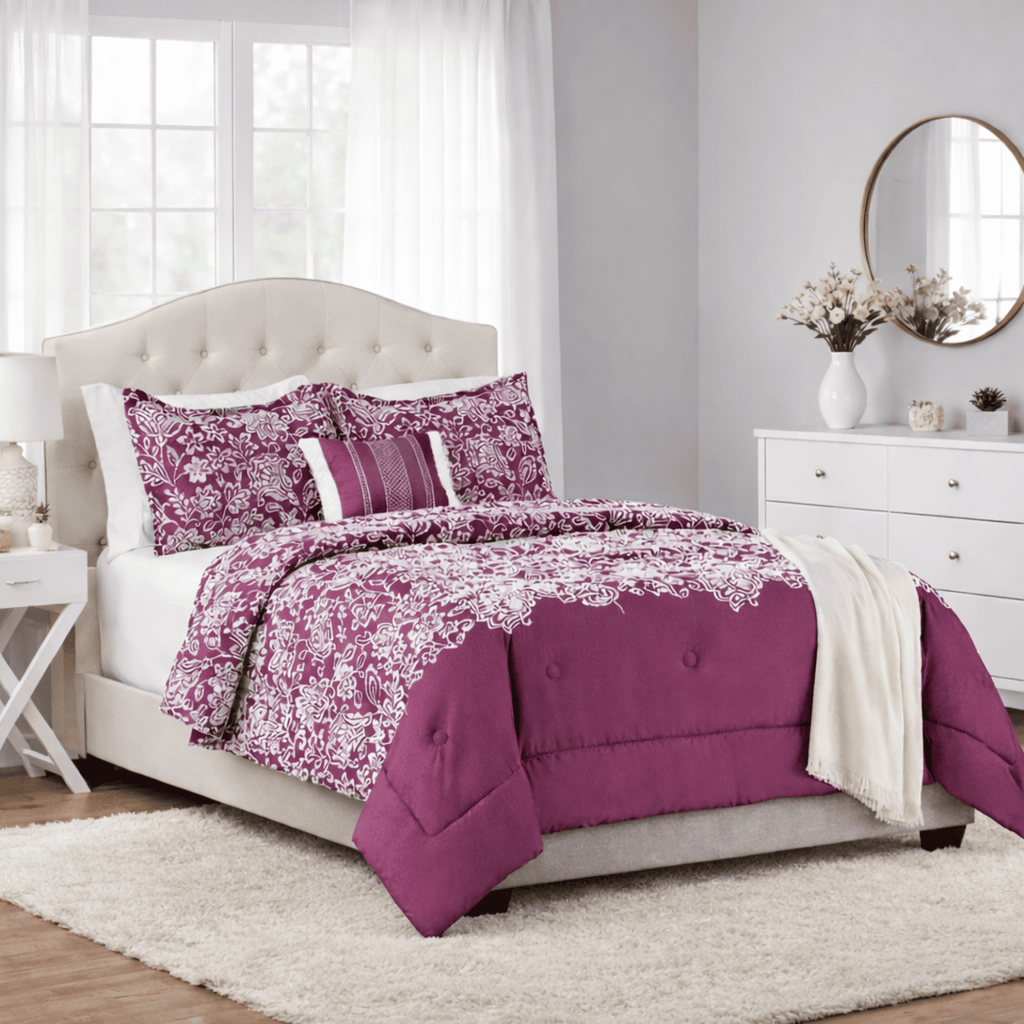 All-Season 5-Piece Jacquard Comforter Set with Decor Pillow and Throw Purple Flocking Embroidery Bedding Set, Full/Queen - Luxurious Quilted Duvet Cover Set - Default Title