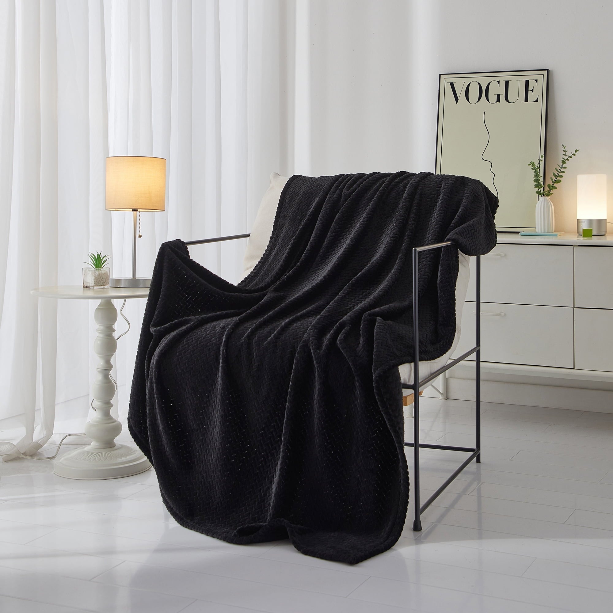 Reversible Sherpa Cozy Textured Plush Throw Blanket, Black, 50"x60" All Ages - Lightweight Plush Warm Blanket for All Seasons - Default Title