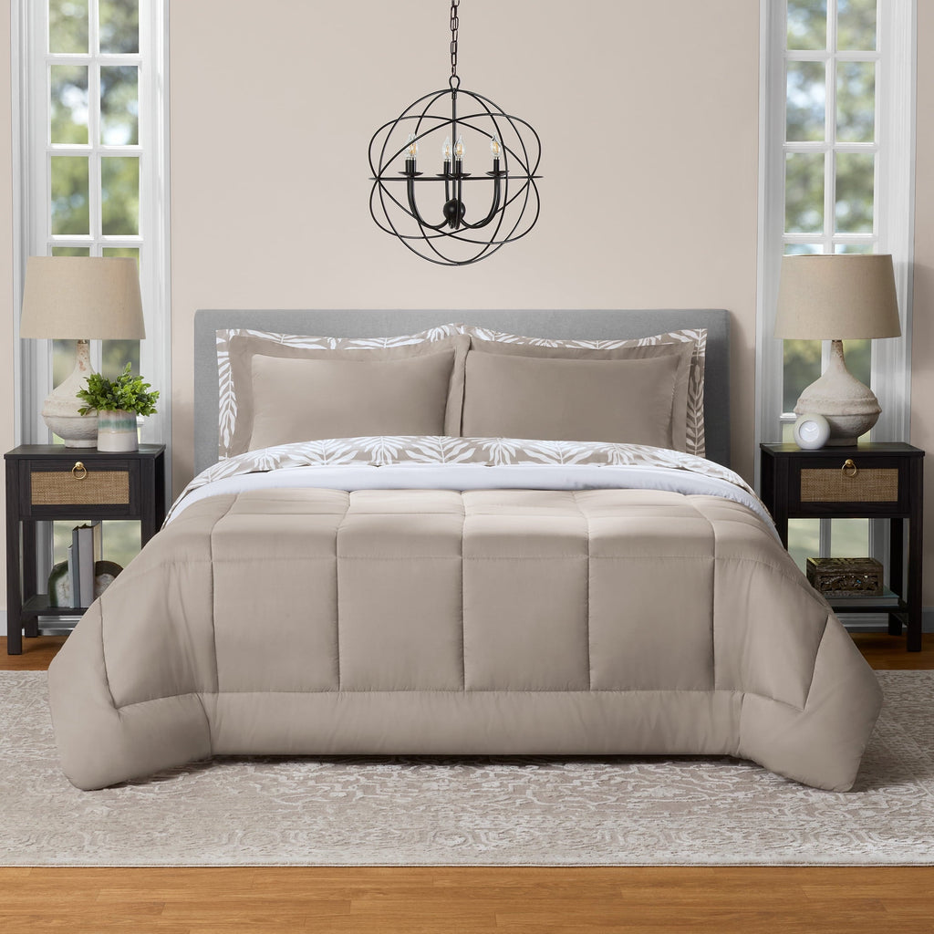 Heavyweight Warmth All in One Reversible Comforter and Sheet Set- 7 Piece, Queen, Beige Palm - Hypoallergenic Ultra-Fluffy Quilt for Winter - Default Title