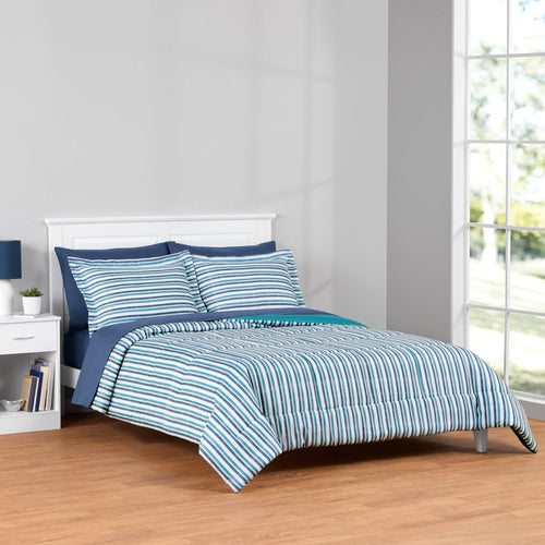 All-Season All in One Reversible Comforter and Sheet Set- 7 Piece, Queen, Blue Pinstripe - All-Season Down Alternative Comforter Insert - Default Title
